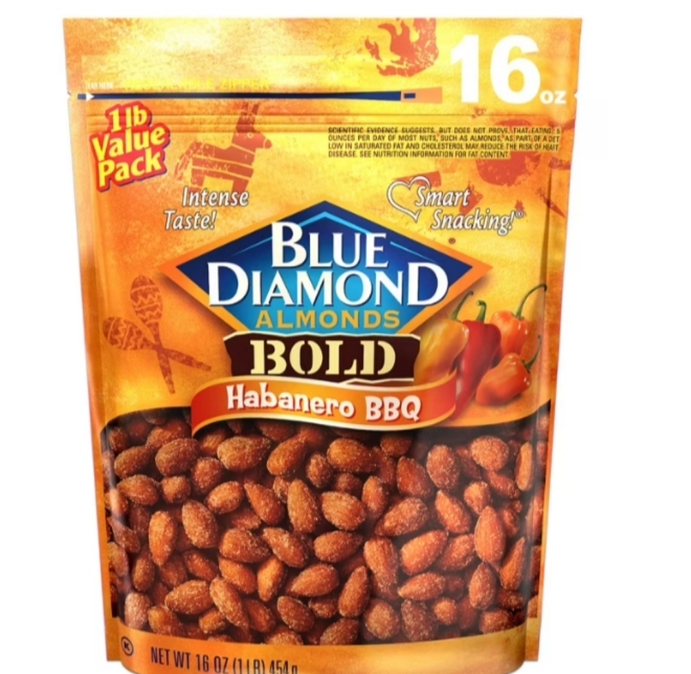 Blue Diamond Habanero BBQ Almonds.1 Lb Bag, Case of 6 Bags.Best By Date 4/2027